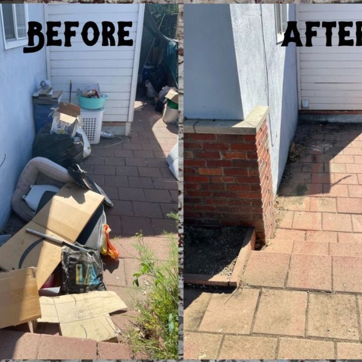 Side passage piled with bags, cardboard and an old mattress before clearance, and the same passage swept clear after Flex Lift Removals