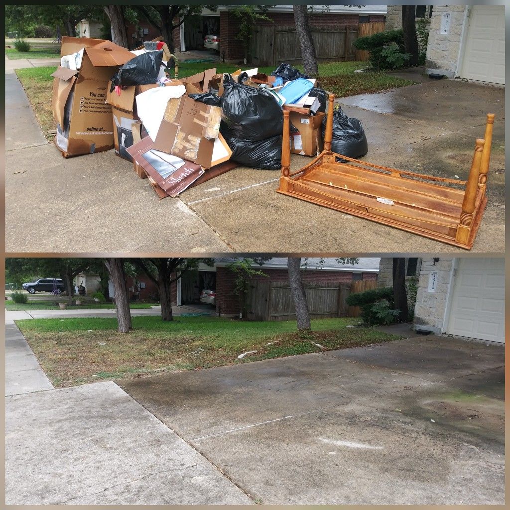 Driveway heaped with furniture, boxes and rubbish bags before collection, and the same driveway completely clear after Flex Lift Removals
