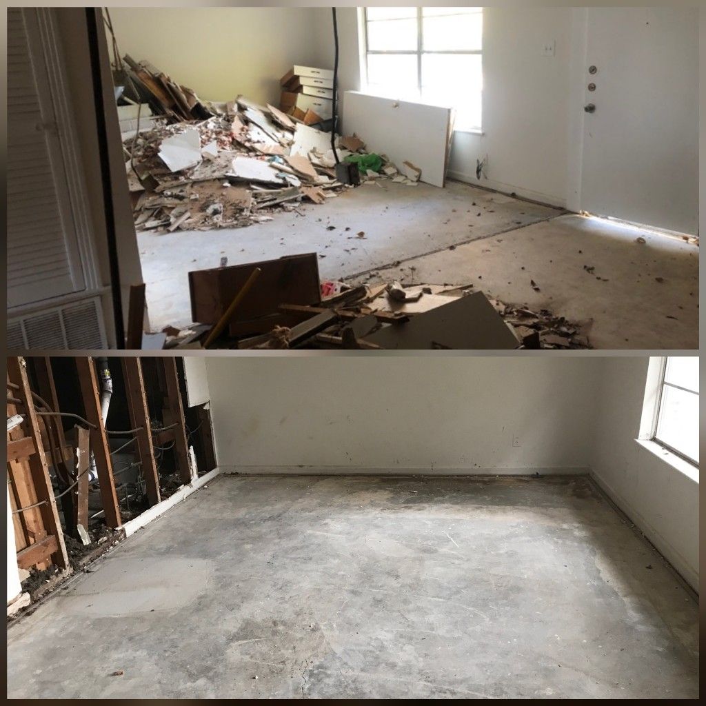 Room strewn with timber, plasterboard and rubble before clearance, and the same room stripped and swept clean after Flex Lift Removals