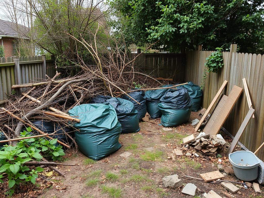 Back garden piled with cut branches, waste bags and broken fence panels